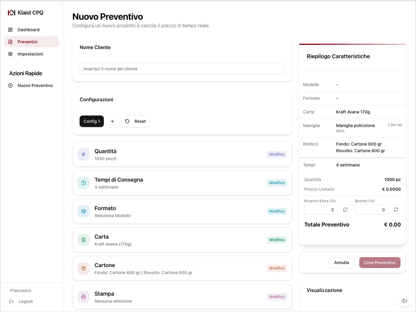 Klaist CPQ — schermata nuovo preventivo con configurazioni e riepilogo caratteristiche.