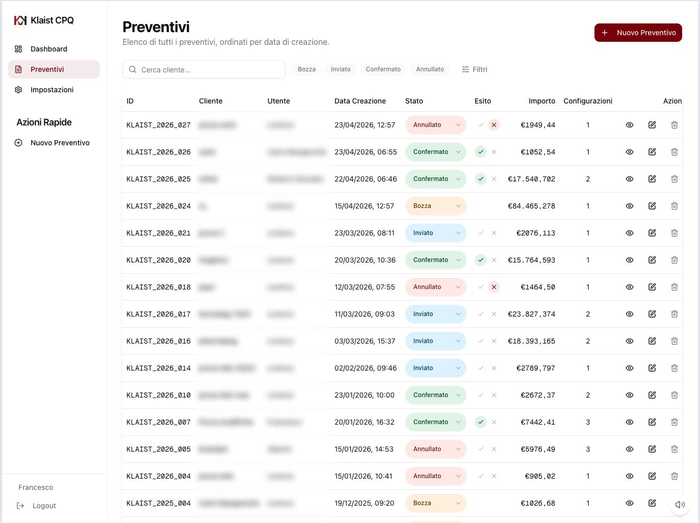 Klaist CPQ — elenco preventivi con stato (bozza, inviato, confermato, annullato) e importo.